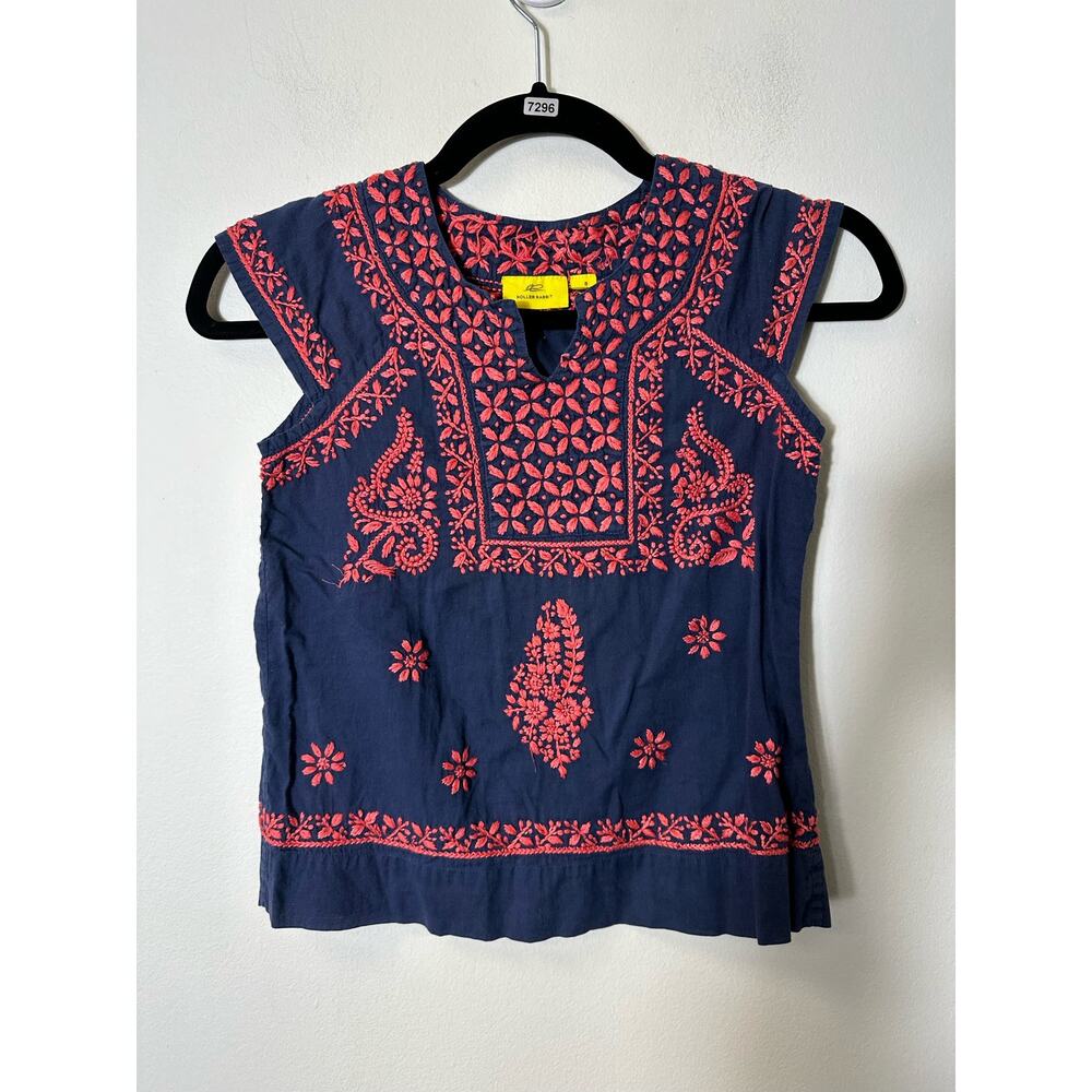 Roller Rabbit Navy Blue Top with Coral Pink Embroidery